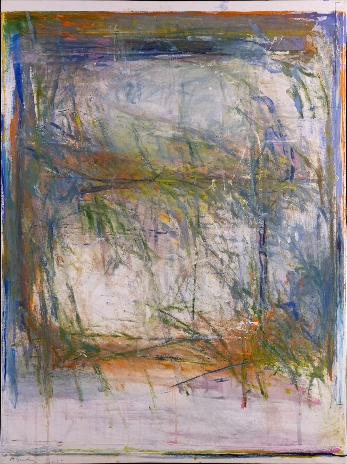 Francesco Agresti 
Entanglement, 2025
Broken Straw Series
Acrylic, gouache, wax, marble dust, chalk, ink, and watercolor
48 (H) X 36 (W) in.