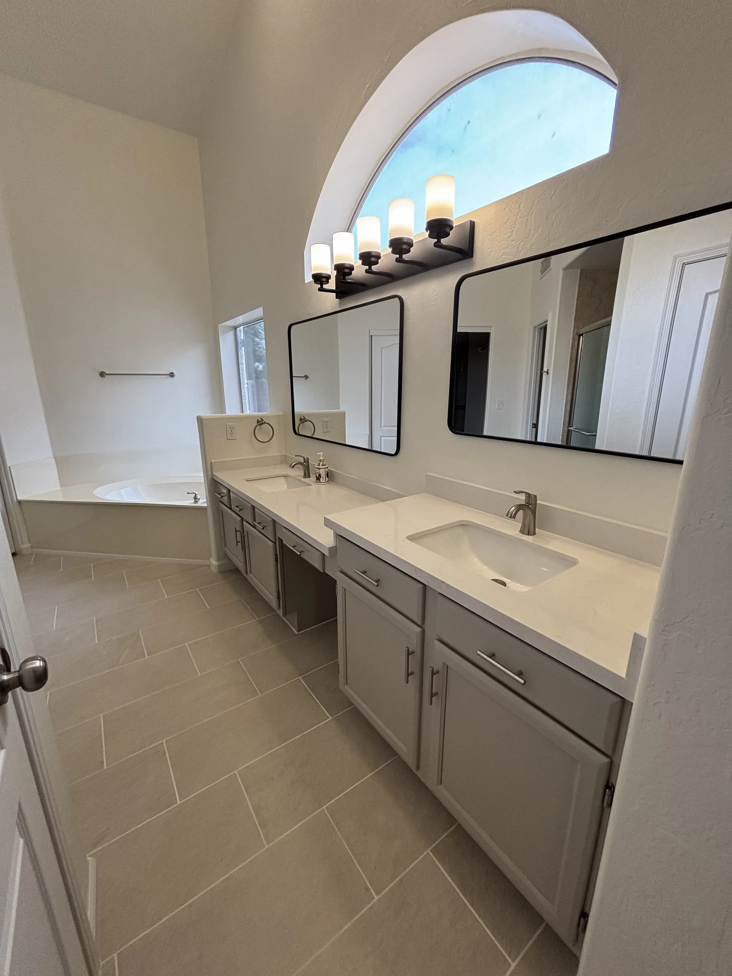 Primary Bathroom Refresh with Tile Flooring,  Refinished Cabinets, New Accessories & Fixtures