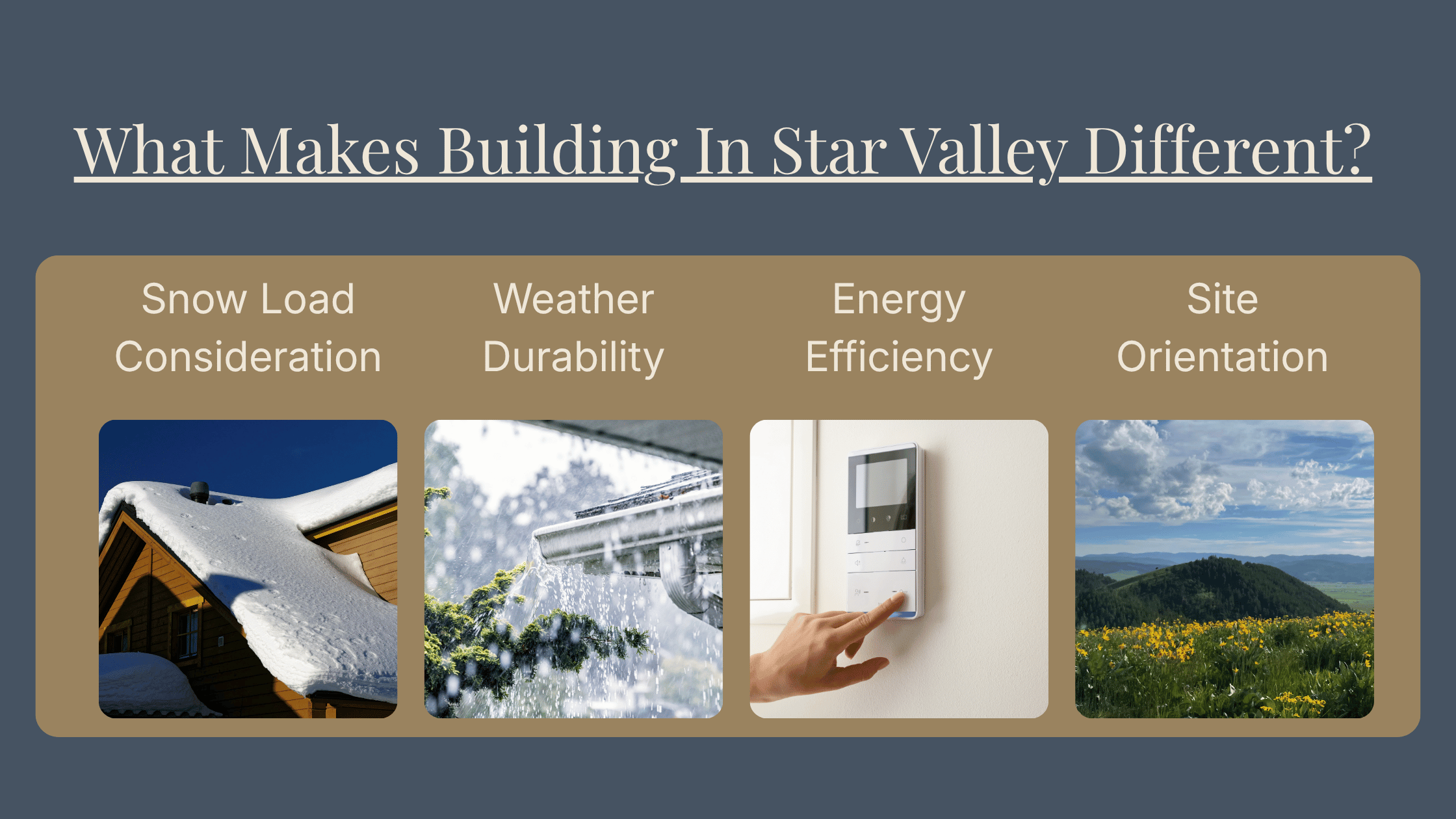 What makes building in Star Valley different Infographic showing: Snow load consideration (roof with heavy snow load) , weather durability (window view during rainstorm), energy efficiency (smart thermostat) & site orientation (mountain views).