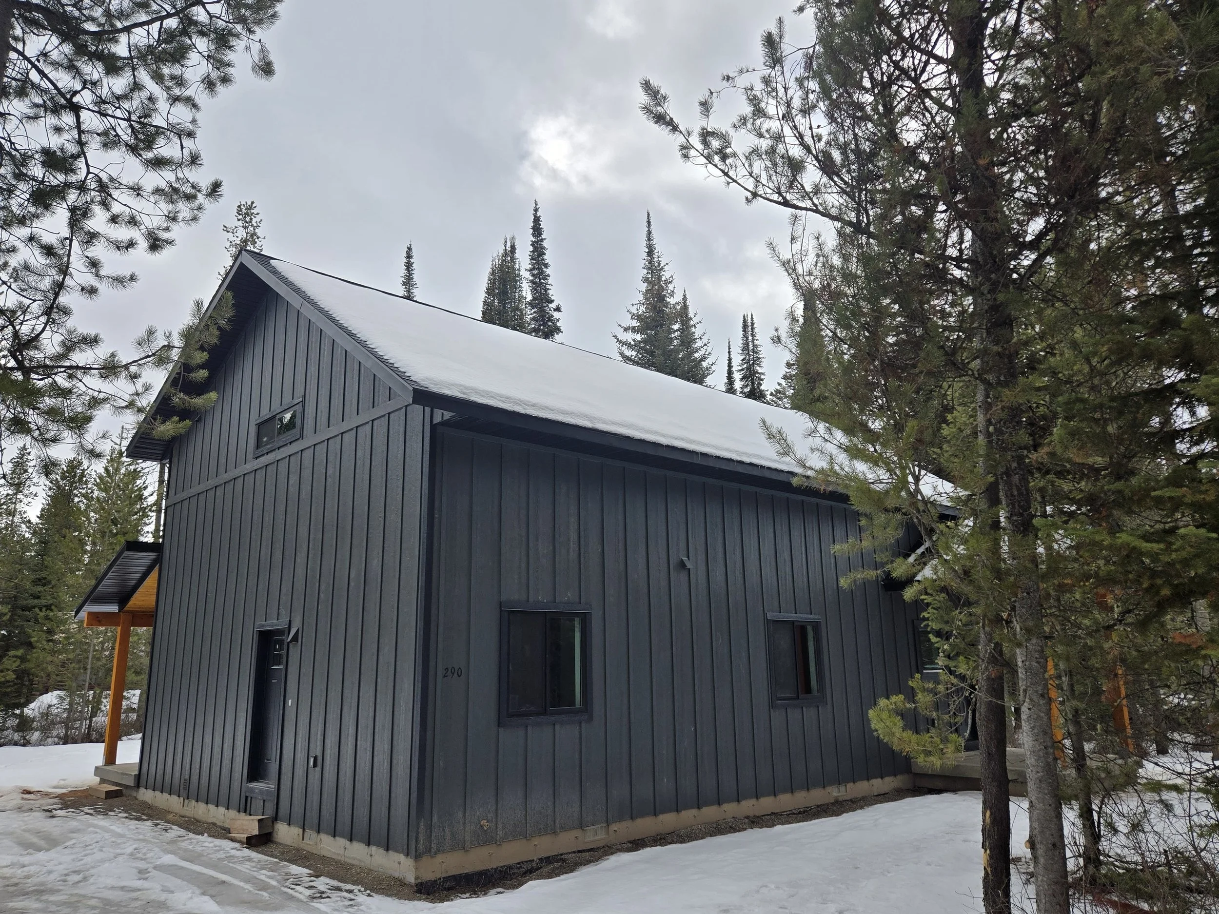 A modern, dark-colored house with vertical siding, situated in a snowy forested area, with tall pine trees and a cloudy sky in the background.
