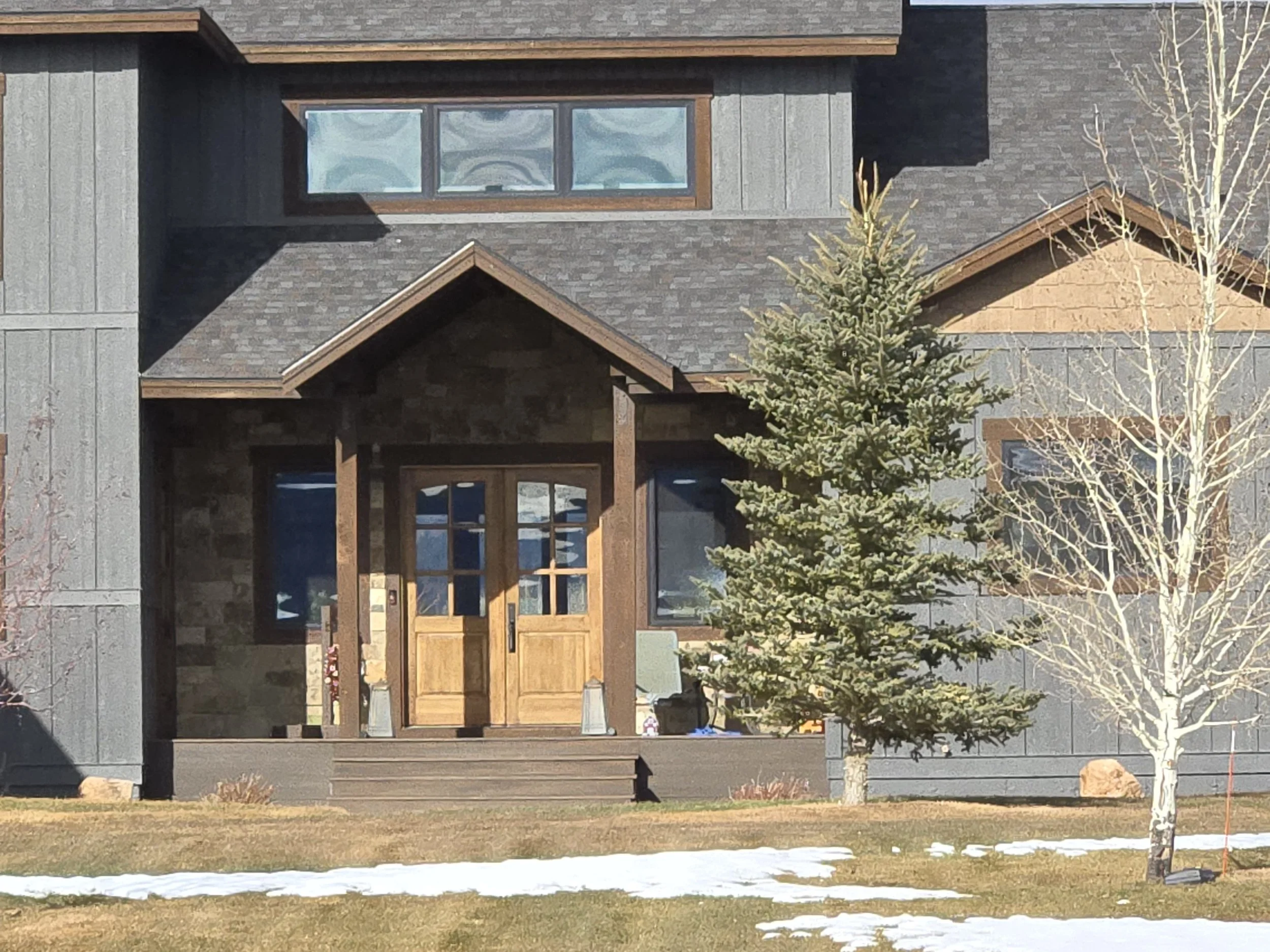 Front view of a modern house with wooden door, large windows, and a gray exterior, with evergreen and leafless trees, patches of snow on the ground.