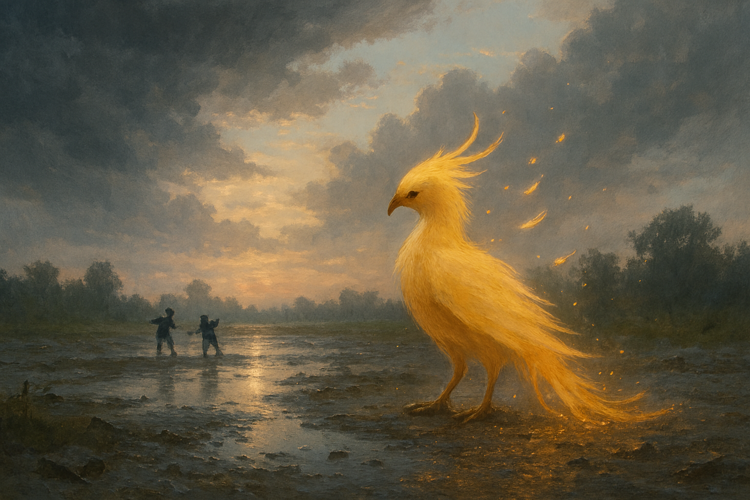 A large, majestic, golden bird with a crest and glowing feathers standing on wet ground during dusk, with two children playing in the background and dark clouds overhead.