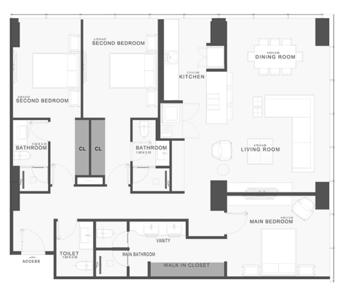 Floor plan of a house with labeled rooms including second bedrooms, bathrooms, kitchen, dining room, living room, main bedroom, and walk-in closet.