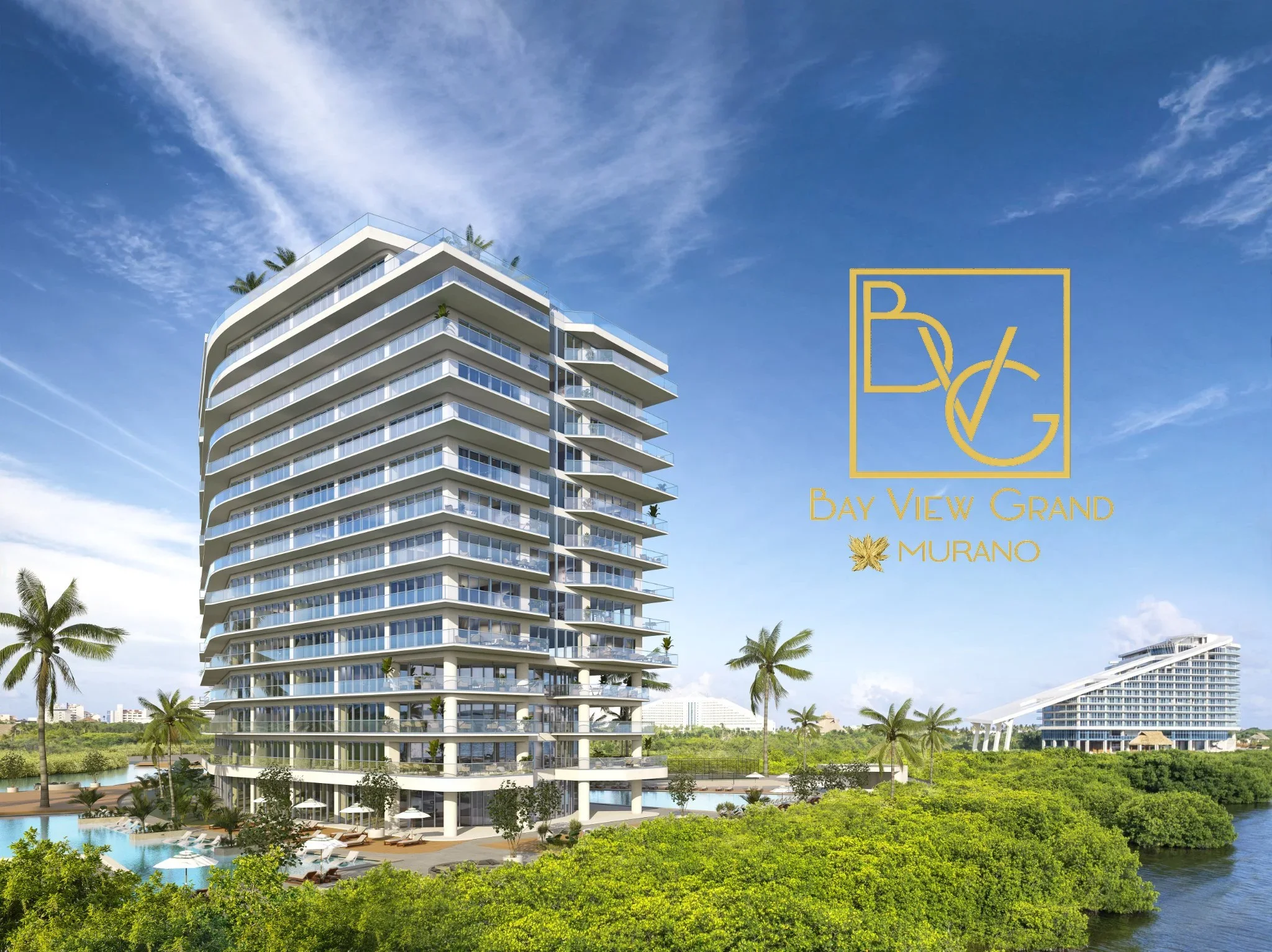A modern high-rise condo building by the water with palm trees in the foreground and a clear blue sky. A gold logo and text overlay promote Bay View Grand Murano.