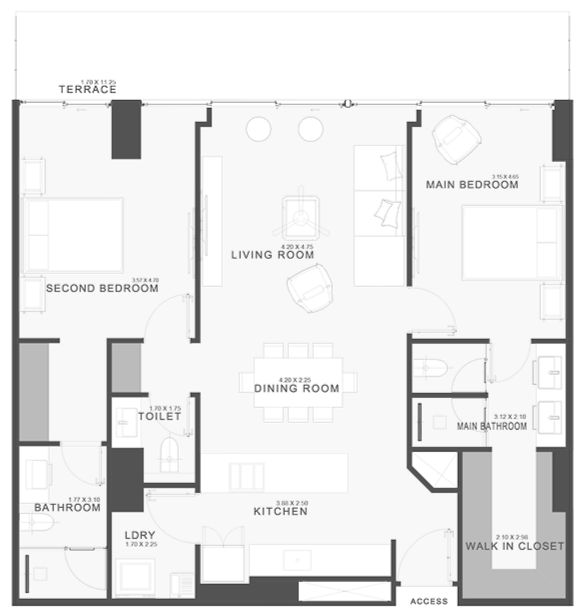 Floor plan of an apartment featuring a terrace, a living room, a dining room, a kitchen, two bedrooms, two bathrooms, a walk-in closet, a toilet, and a laundry room.