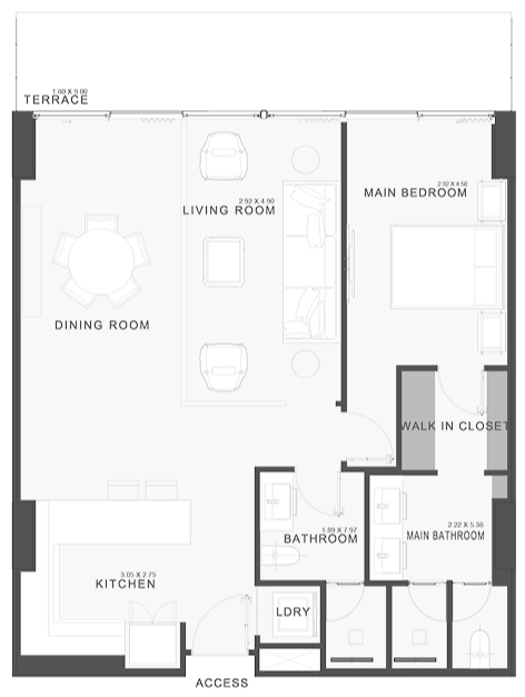 Floor plan of an apartment including a kitchen, bathroom, laundry area, living room, main bedroom with walk-in closet, and dining room.