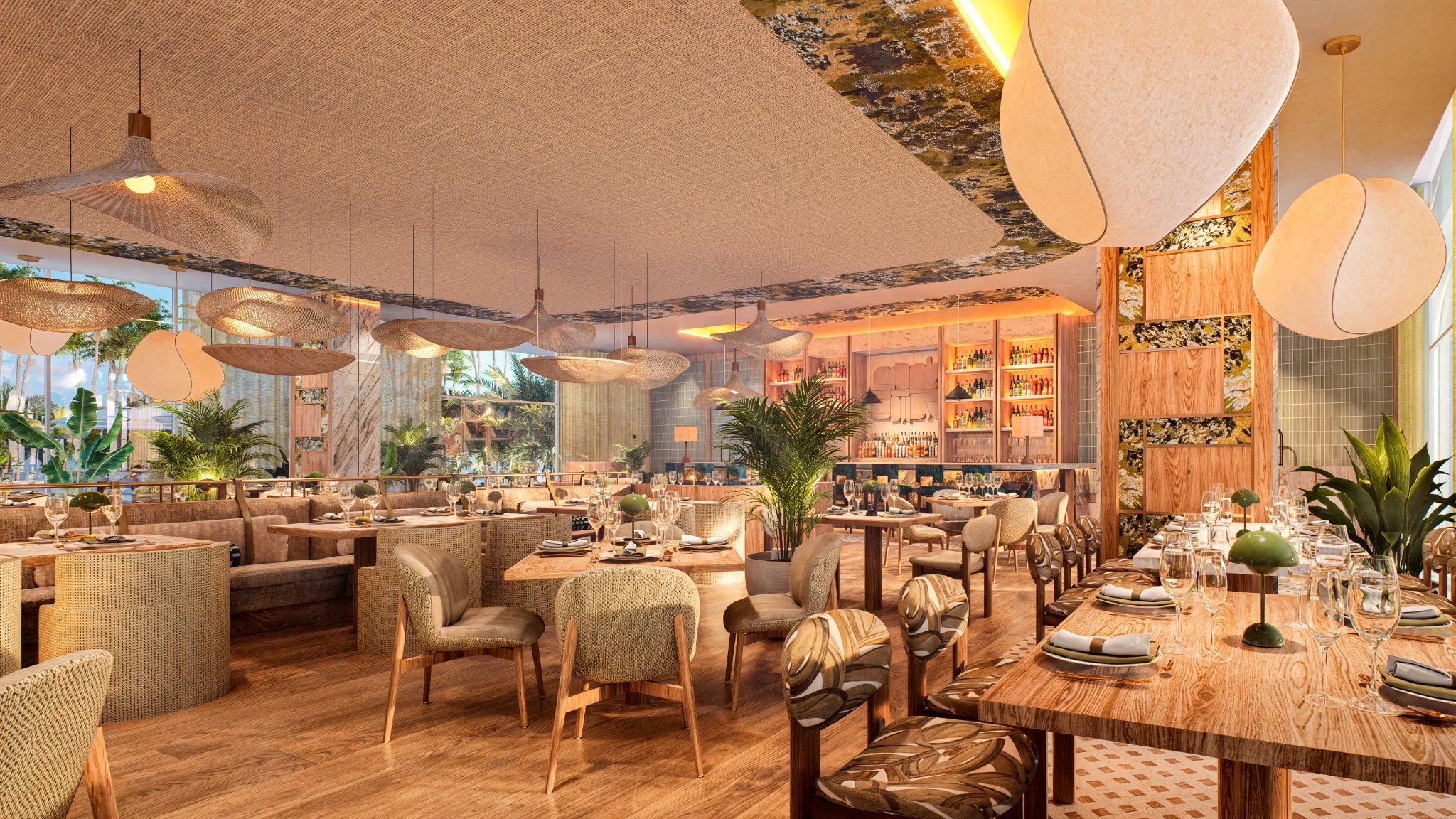 Elegant restaurant dining area with wooden tables, chairs, and lush green plants, featuring large windows and modern hanging light fixtures.
