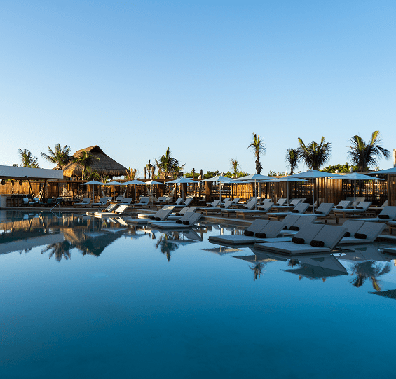 Luxury poolside area at a tropical resort with lounge chairs, umbrellas, palm trees, and clear blue sky.