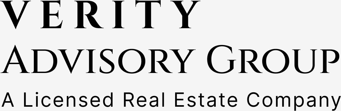 Logo of a licensed real estate company, VERITY ADVISORY GROUP, with the tagline 'A Licensed Real Estate Company'.