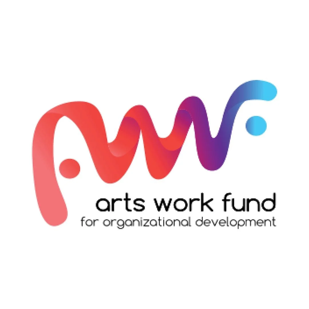 Colorful logo for arts work fund with wavy red, purple, and blue design and text that reads 'arts work fund for organizational development'.