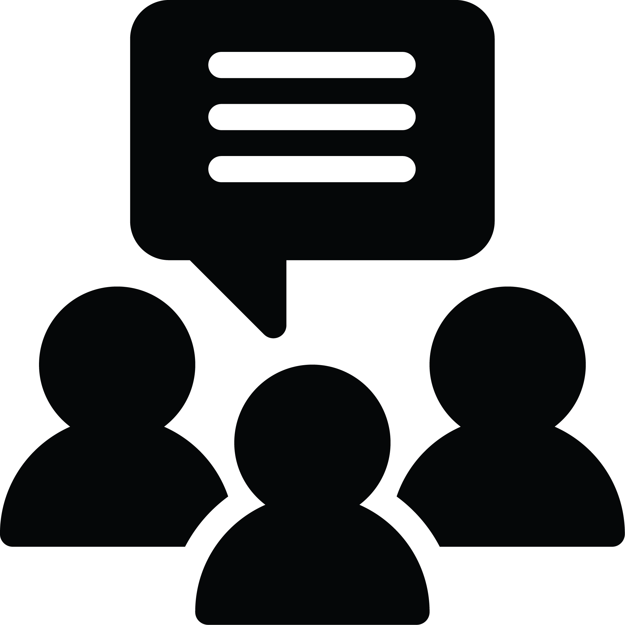 Silhouette of three people with a speech bubble containing three horizontal lines above them, representing conversation or communication.