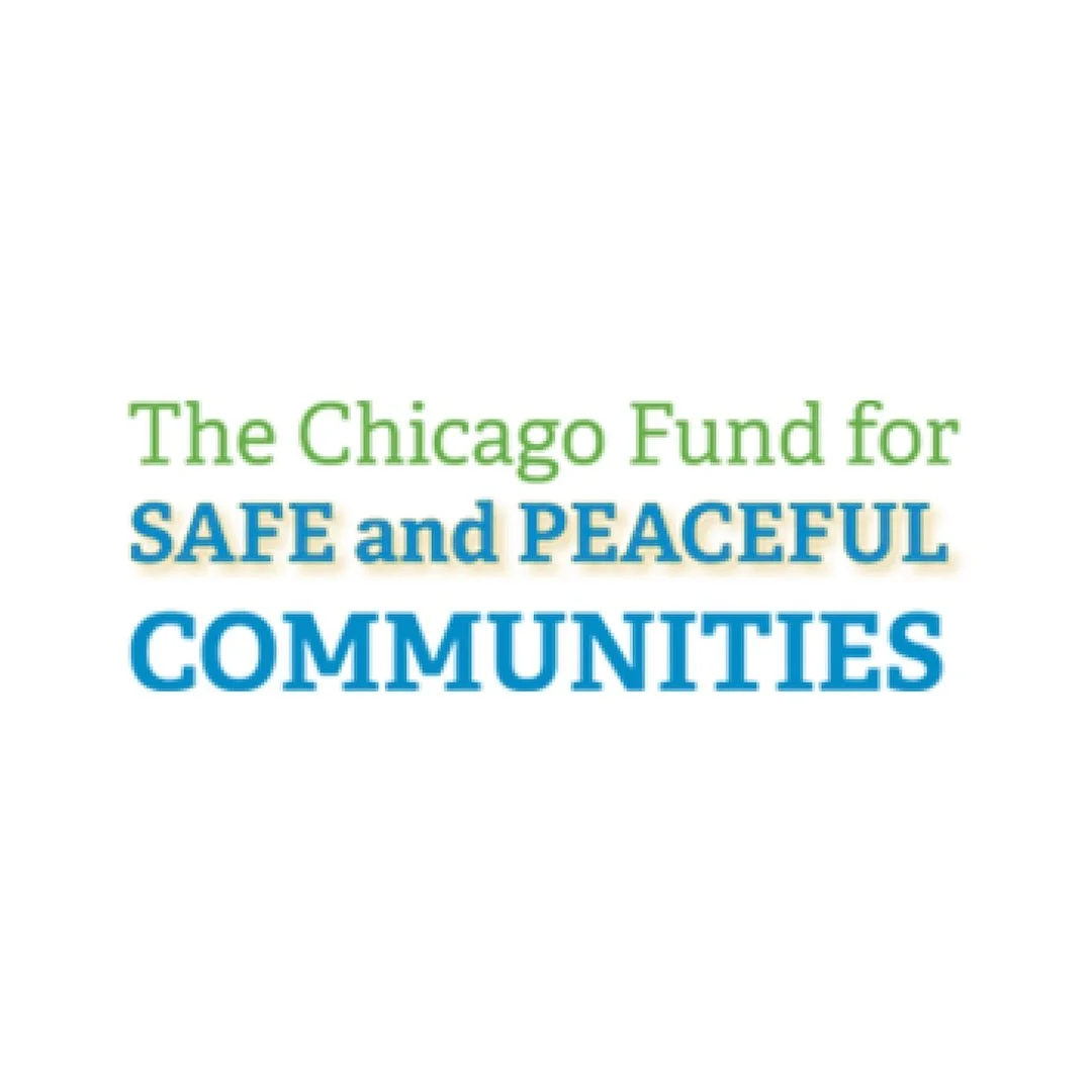 Text graphic with the message: The Chicago Fund for SAFE and PEACEFUL COMMUNITIES in green and blue font.