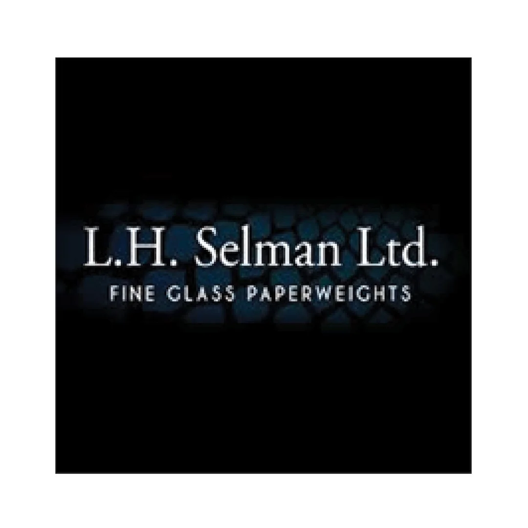 Logo for L. H. Selman Ltd. Fine Glass Paperweights set against a dark background with a textured pattern.
