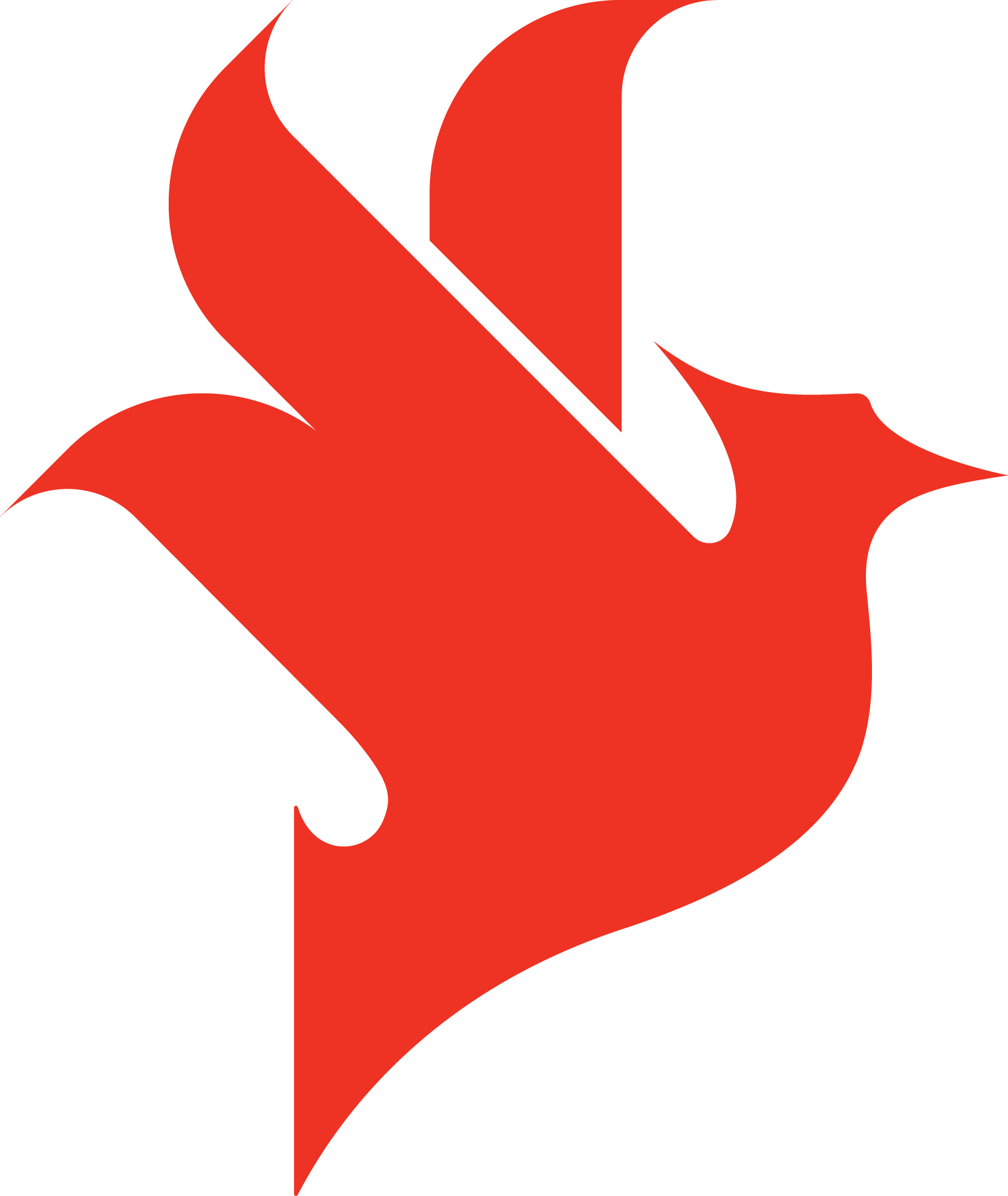 A red bird in flight, depicted in a bold, simplified graphic style.