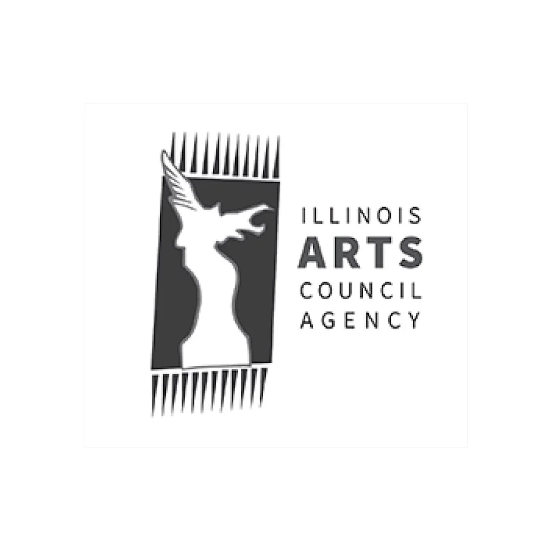 Black and white logo of the Illinois Arts Council Agency featuring a stylized torso of a woman with a headdress, alongside the text 'Illinois Arts Council Agency'.
