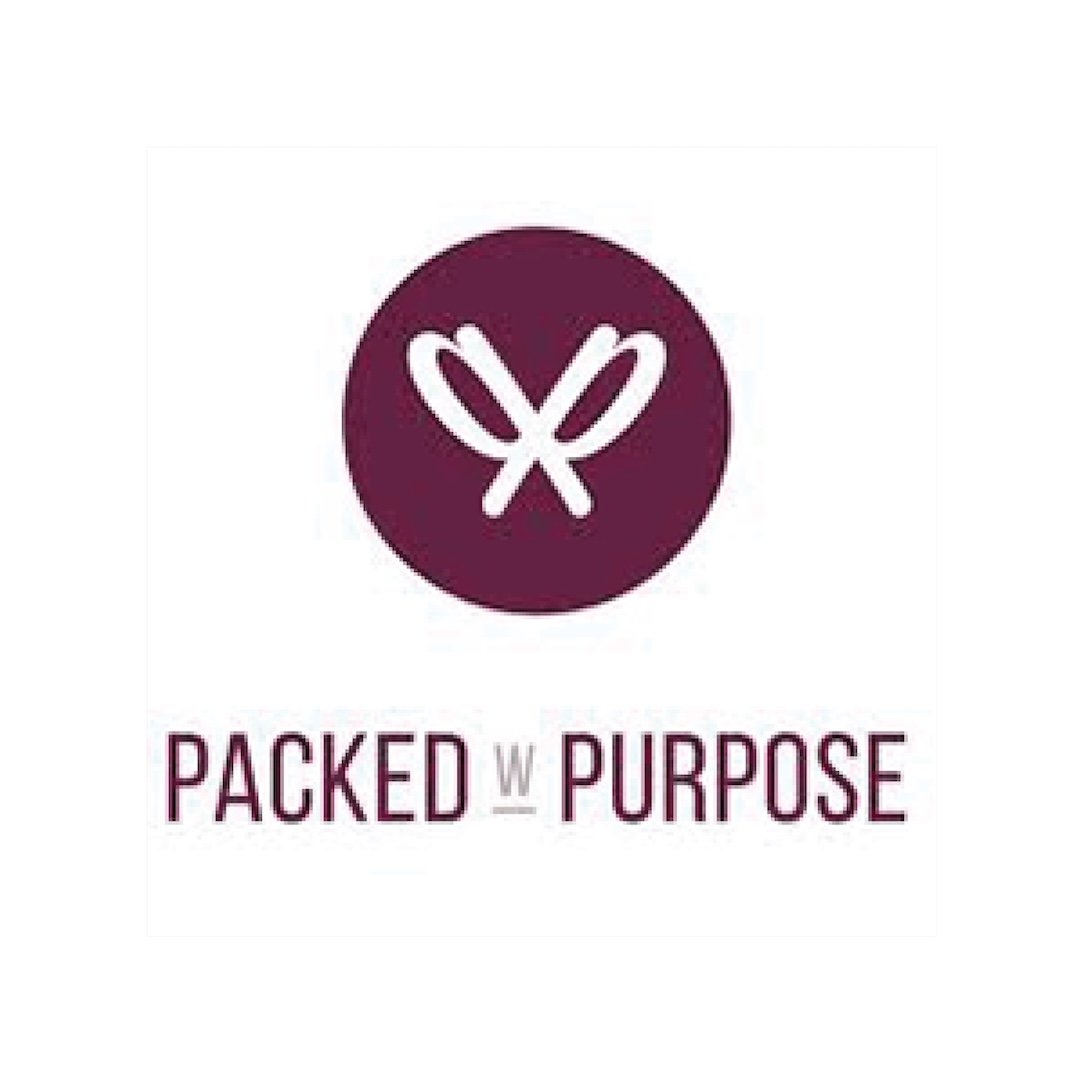 Logo with a purple circle and white line drawing of a plant or leaf, with the text 'Packed with Purpose' below it.