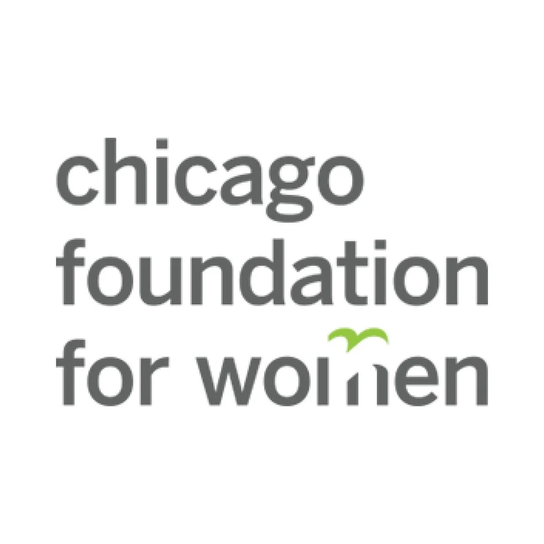 Logo of the Chicago Foundation for Women with black text and a small green accent on the letter 'm' in 'women'.