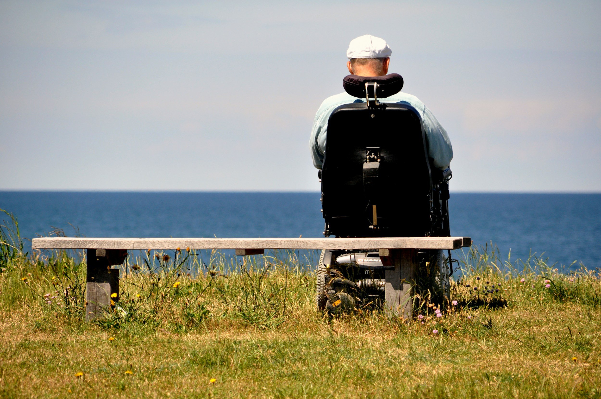 A person in a wheelchair sitting on a bench on a grassy area by the ocean, facing away from the camera.