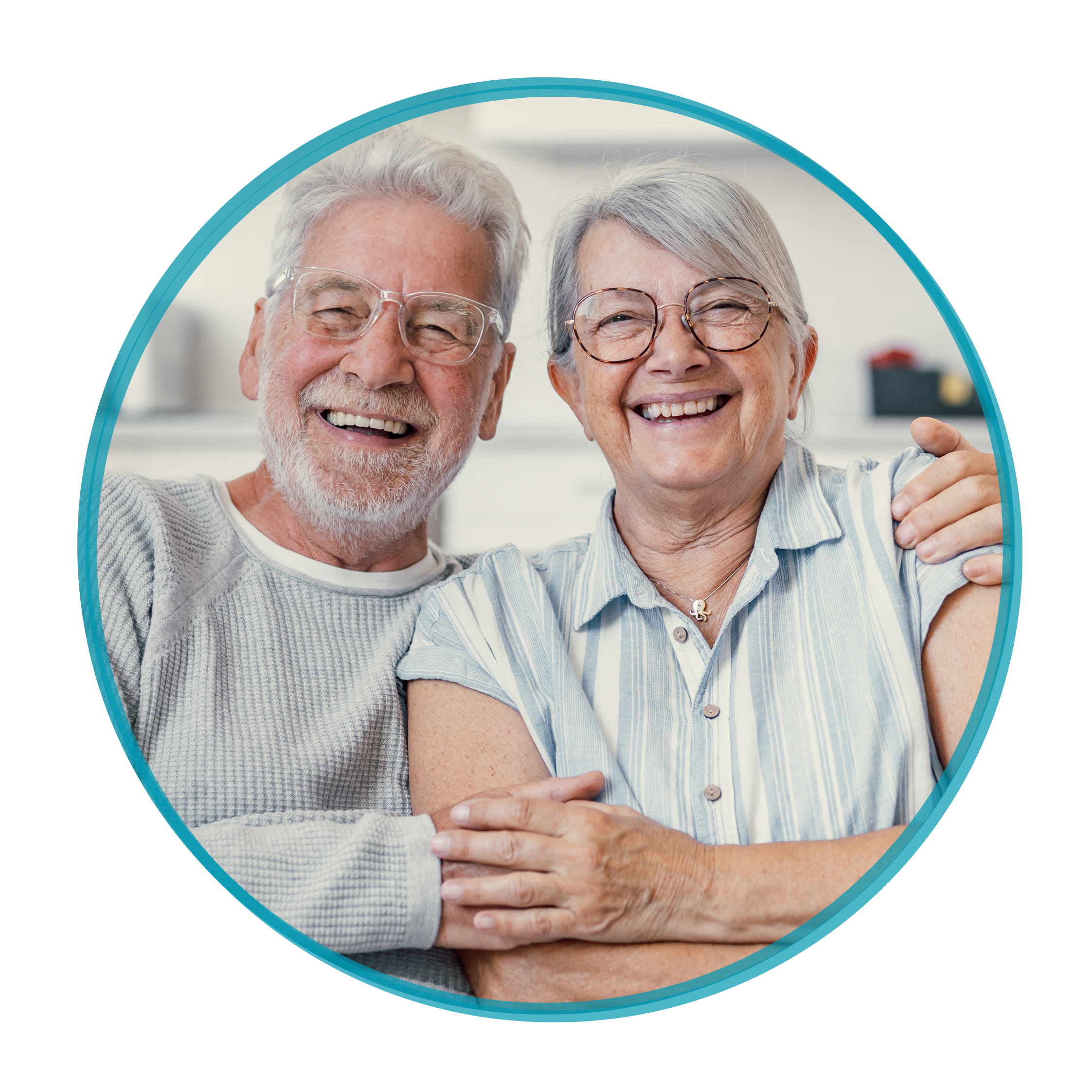 Happy elderly couple smiling and embracing each other indoors.