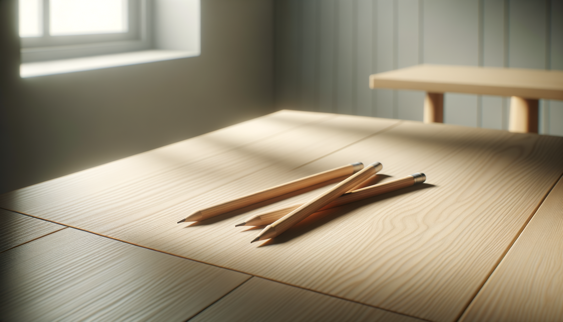 Four wooden pencils placed on a light wood table near a window with sunlight streaming in.