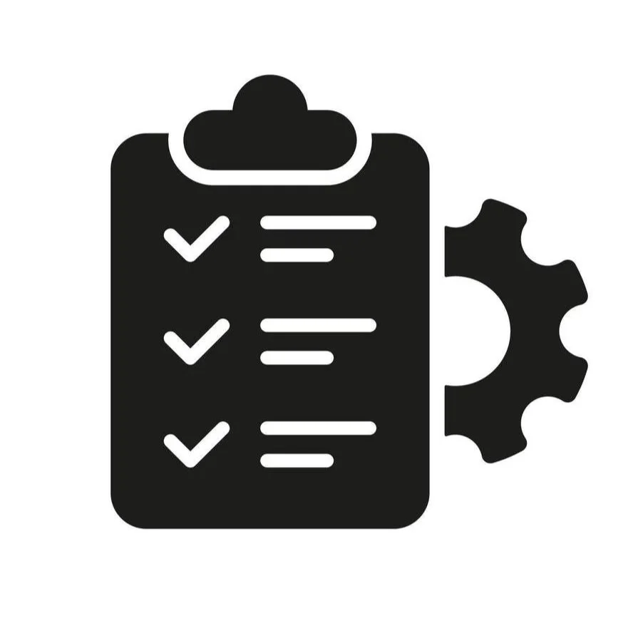 Icon of a clipboard with checkmarks and a gear, representing task management or settings.