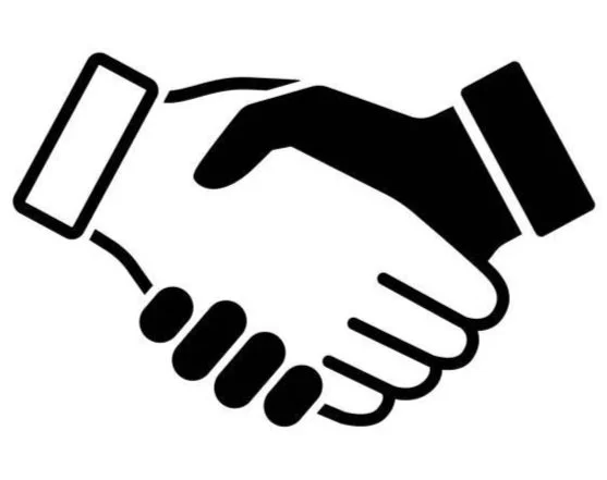 Illustration of a handshake between two hands, one wearing a suit cuff.