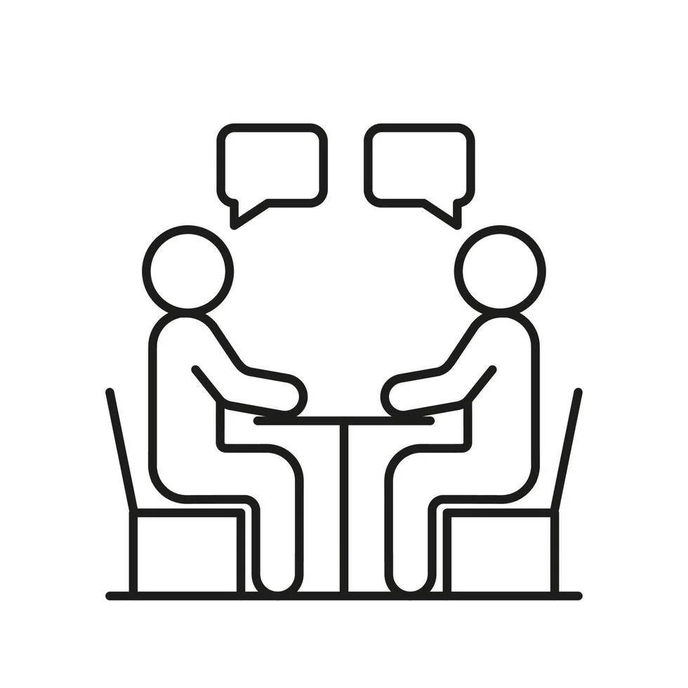 Line drawing of two people sitting at a table, having a conversation with speech bubbles above them.