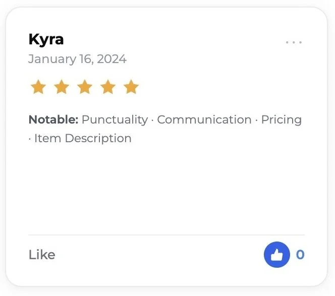 Customer review by Kyra dated January 16, 2024, with a five-star rating, highlighting qualities like punctuality, communication, and pricing, and displaying a blue thumbs-up icon with zero likes.
