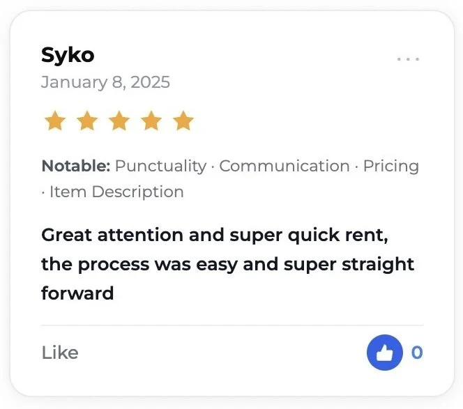 Screenshot of a customer review for Syko dated January 8, 2025, with a five-star rating and text praising the quick rent process and attentive service.