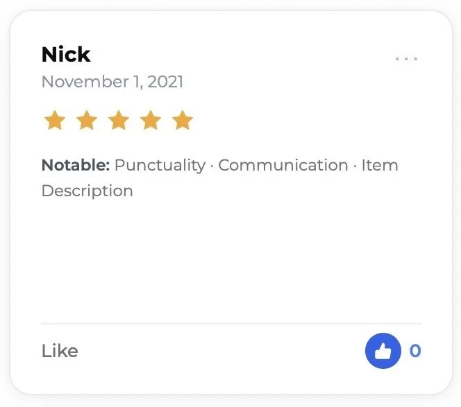 A digital review or profile card for a person named Nick, dated November 1, 2021, displaying a five-star rating, with notable comments about punctuality, communication, and item description, along with a blue thumbs-up reaction icon.