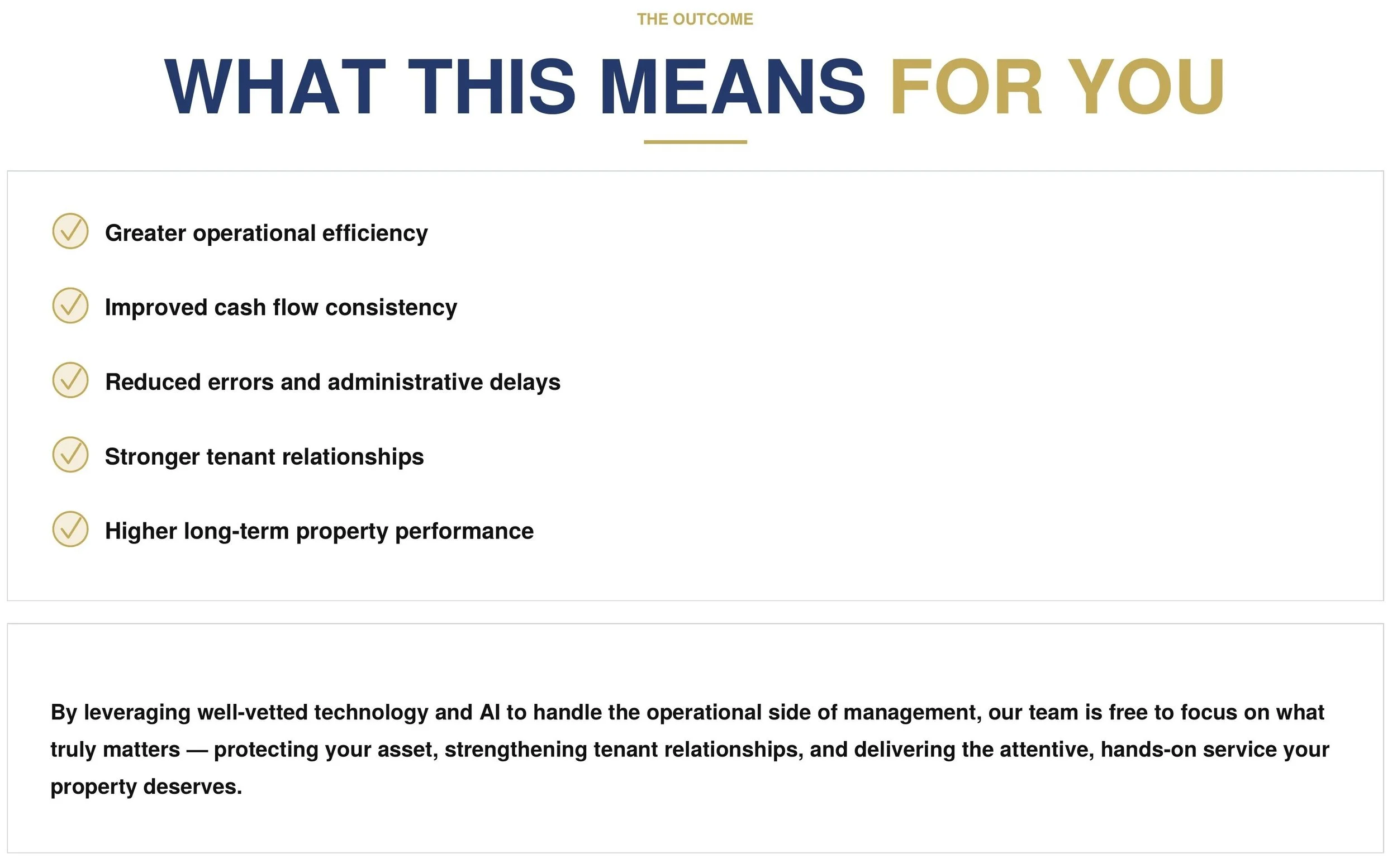 Text highlighting the benefits of leveraging technology and AI in property management, including greater efficiency, improved cash flow, reduced errors, stronger relationships, and higher property performance.
