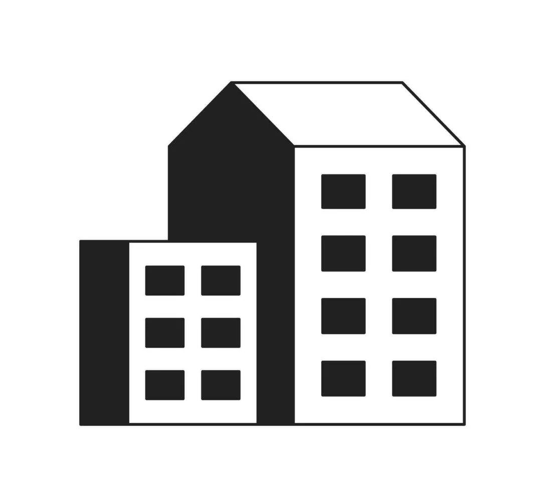 Black and white silhouette of three tall buildings with multiple windows, cityscape outline.
