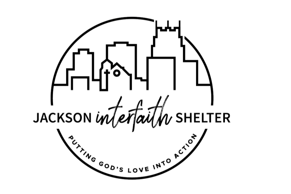Logo for Jackson Interfaith Shelter featuring a city skyline and the tagline "Putting God's Love Into Action."