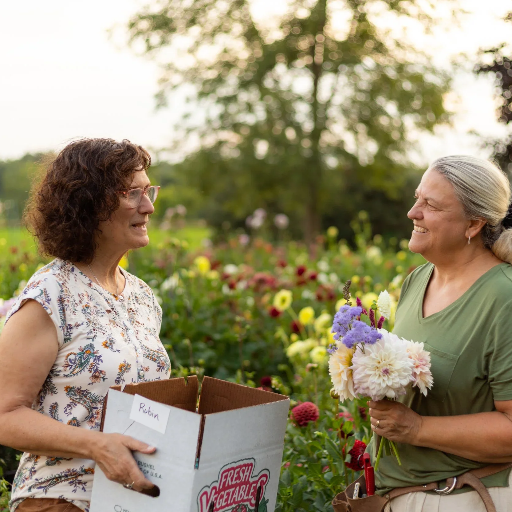 Picture of two ladies talking in a field of flowers- one is holding a bouquet and the other is holding a box from Gwen's greens