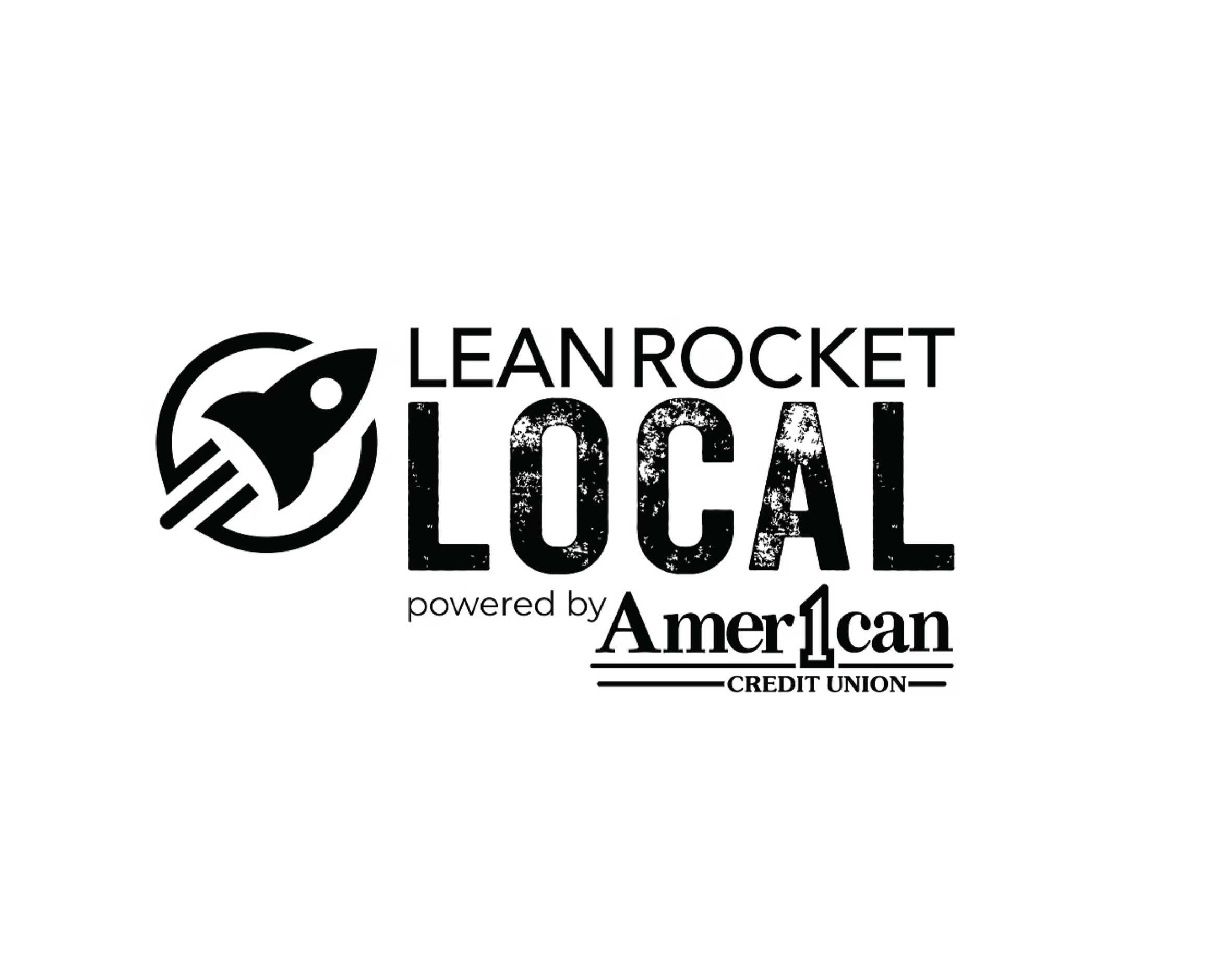 Logo for Lean Rocket Local, powered by American Credit Union, featuring a stylized rocket icon in a circle and bold text.