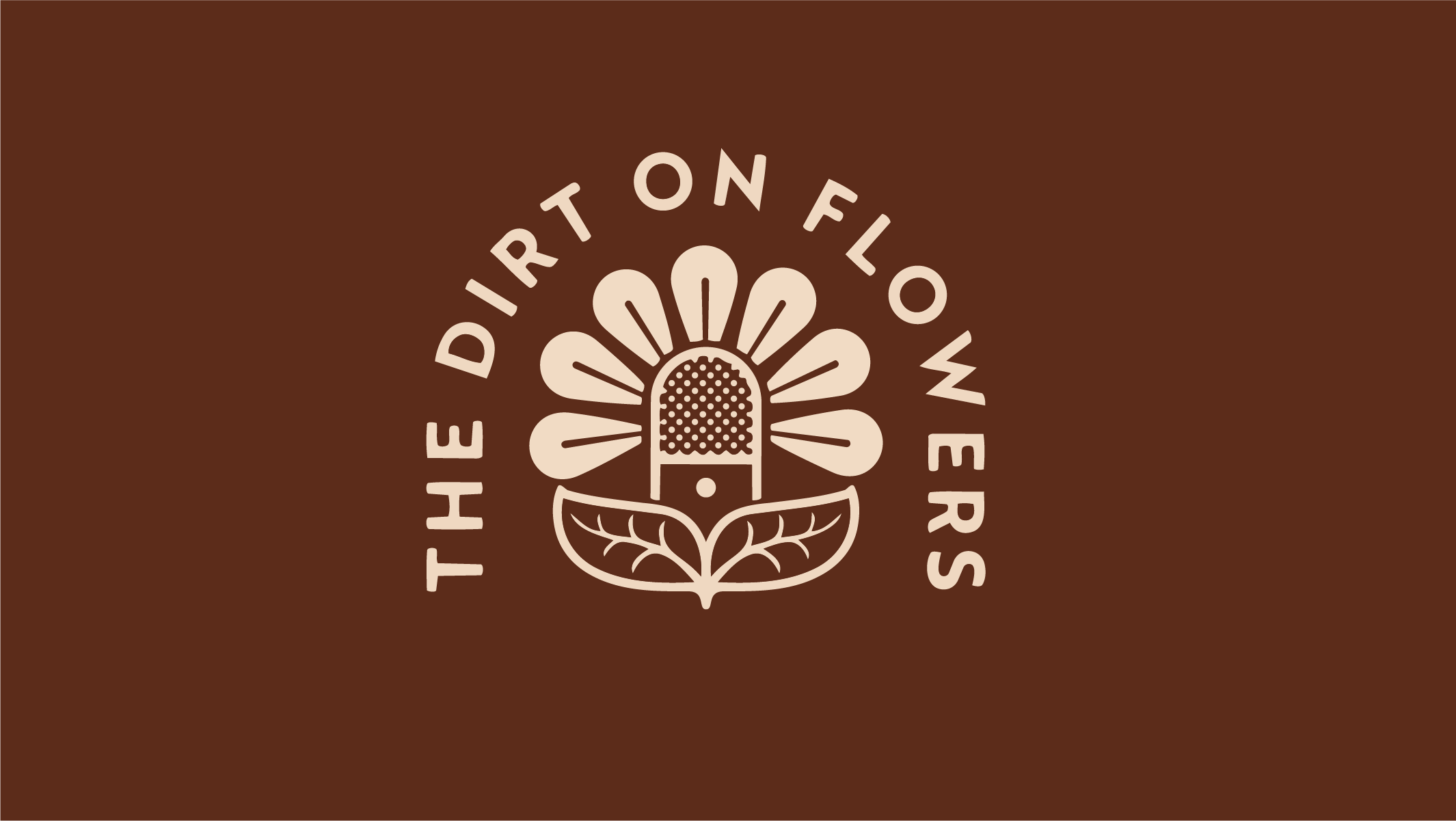 Logo of a flower with coffee beans in the center, surrounded by a circular arrangement of petals and leaves, with the text 'The Dirt on Flowers' curving around the top.