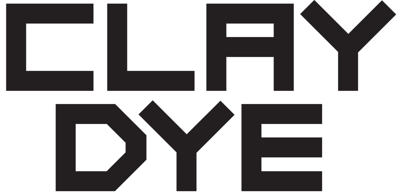 Bold black graphic text reading "CLAY DYE" on a white background.
