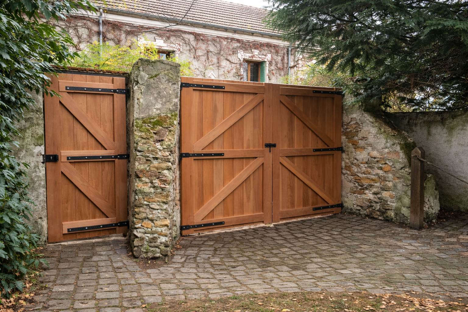 Une grande porte en bois avec une petite porte adjacente, toutes deux soutenues par une clôture en pierre et entourées de végétation.