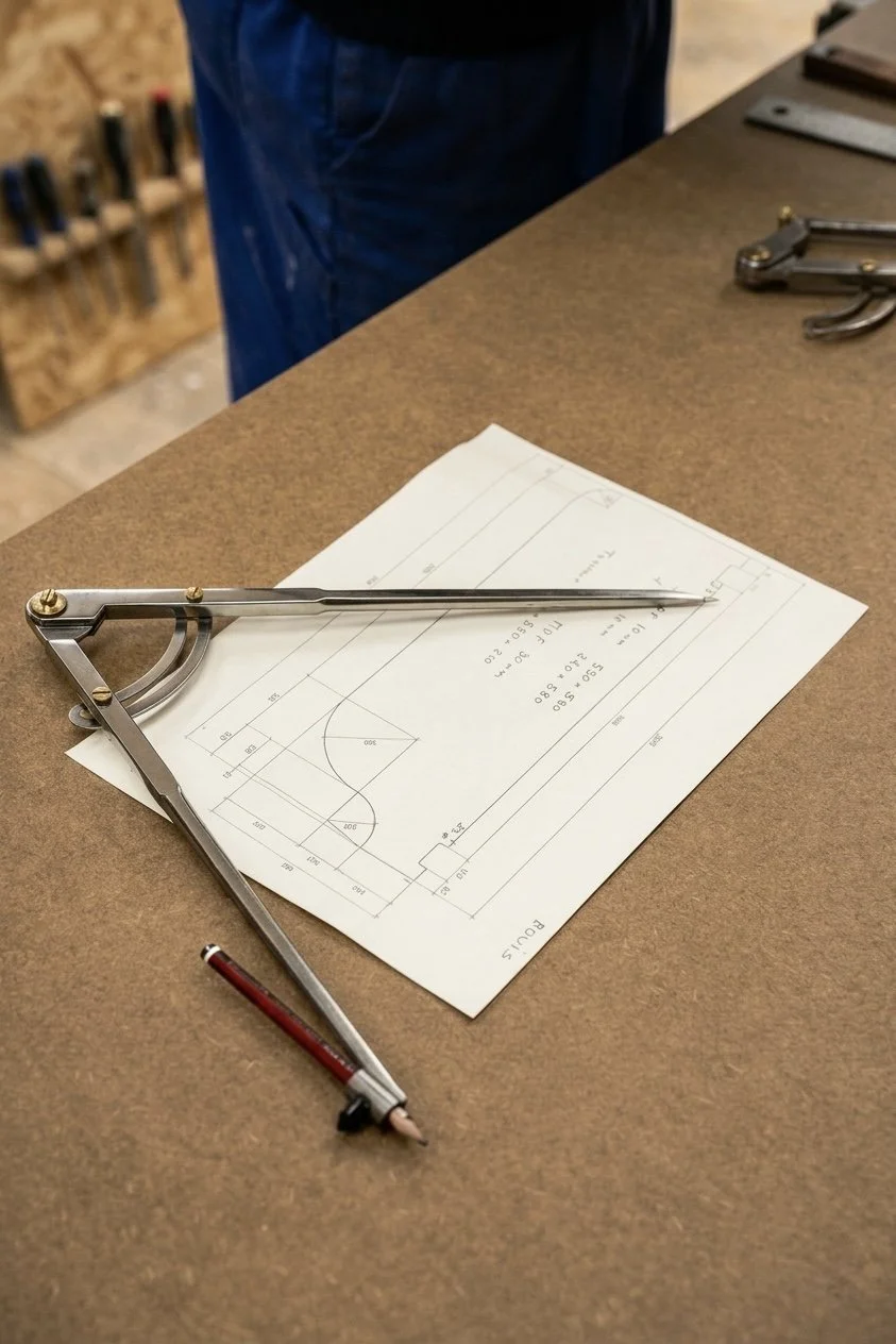 Plan technique avec compas placé dessus, à côté d'un crayon rouge, sur une table en bois. En arrière-plan, il y a des outils suspendus sur un panneau en bois.