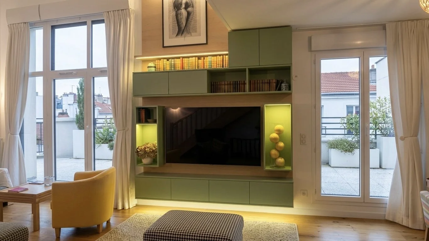 Salon moderne avec mur_tv vert, bibliothèque en haut, fenêtres avec rideaux blancs, terrasse avec plantes, fauteuils jaunes, table en bois, tapis beige, décoration intérieure lumineuse.