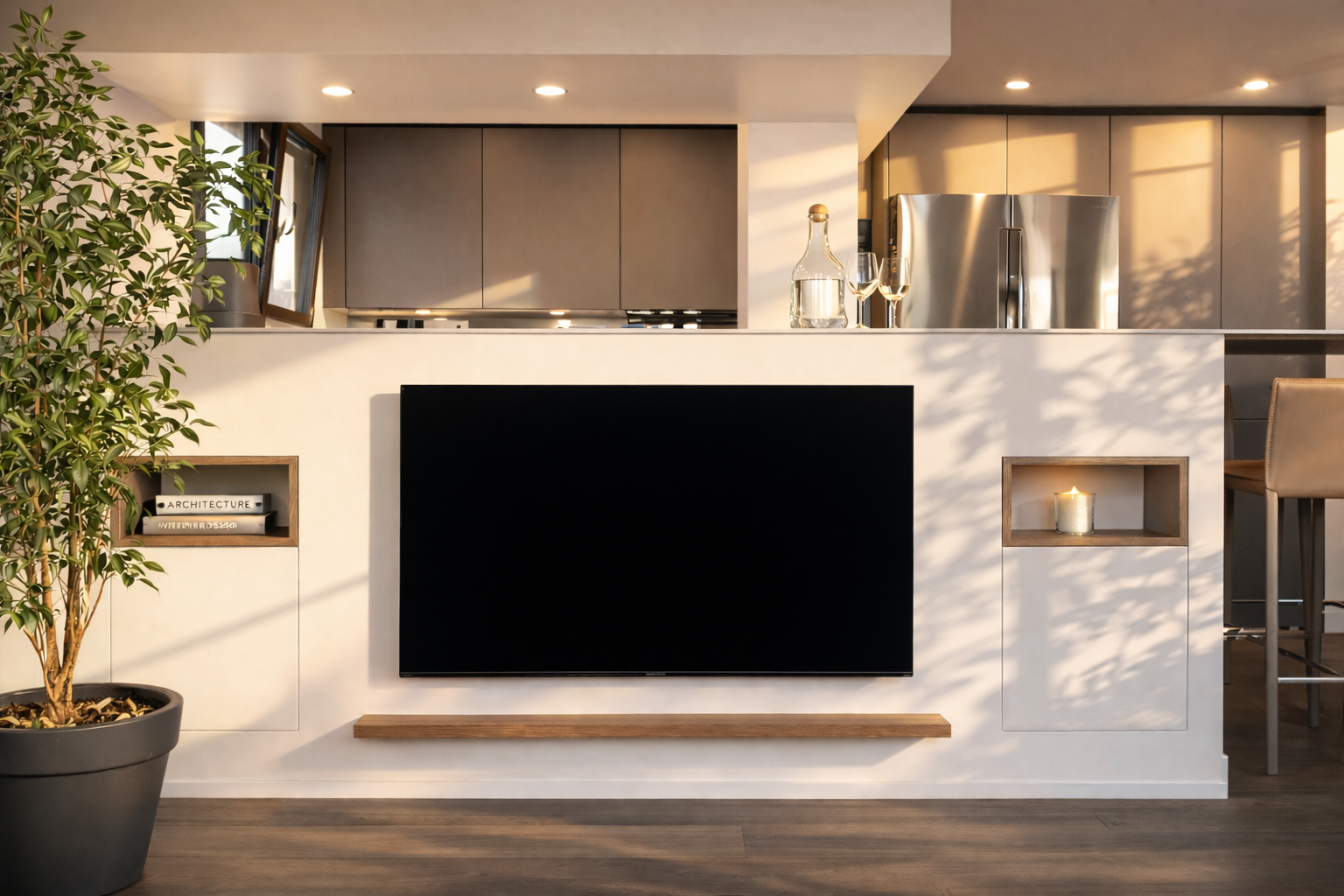 Intérieur d’un salon moderne avec télévision, étagères en bois, plante, et cuisine en arrière-plan avec réfrigérateur et décoration