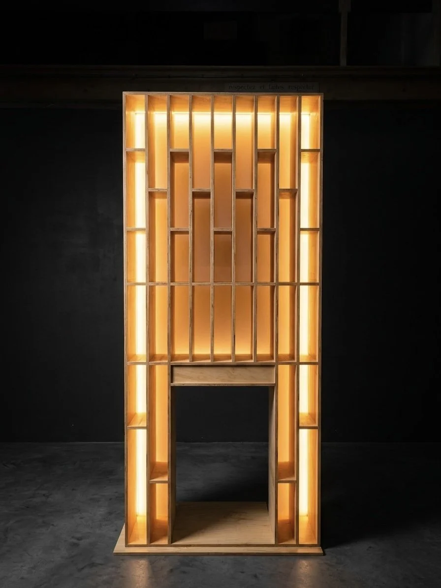 Une grande étagère en bois avec des lumières intégrées, disposée contre un mur sombre.