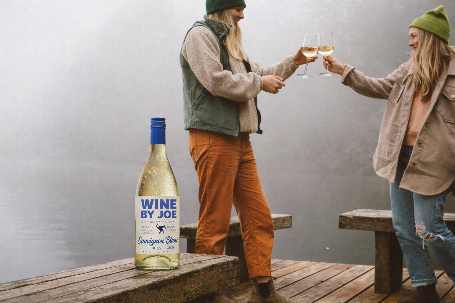 Two women in outdoor clothing, including jackets, beanies, and jeans, are toasting glasses of white wine on a foggy dock. A bottle labeled "WINE BY JOE" and "Sauvignon Blanc" is on the dock.