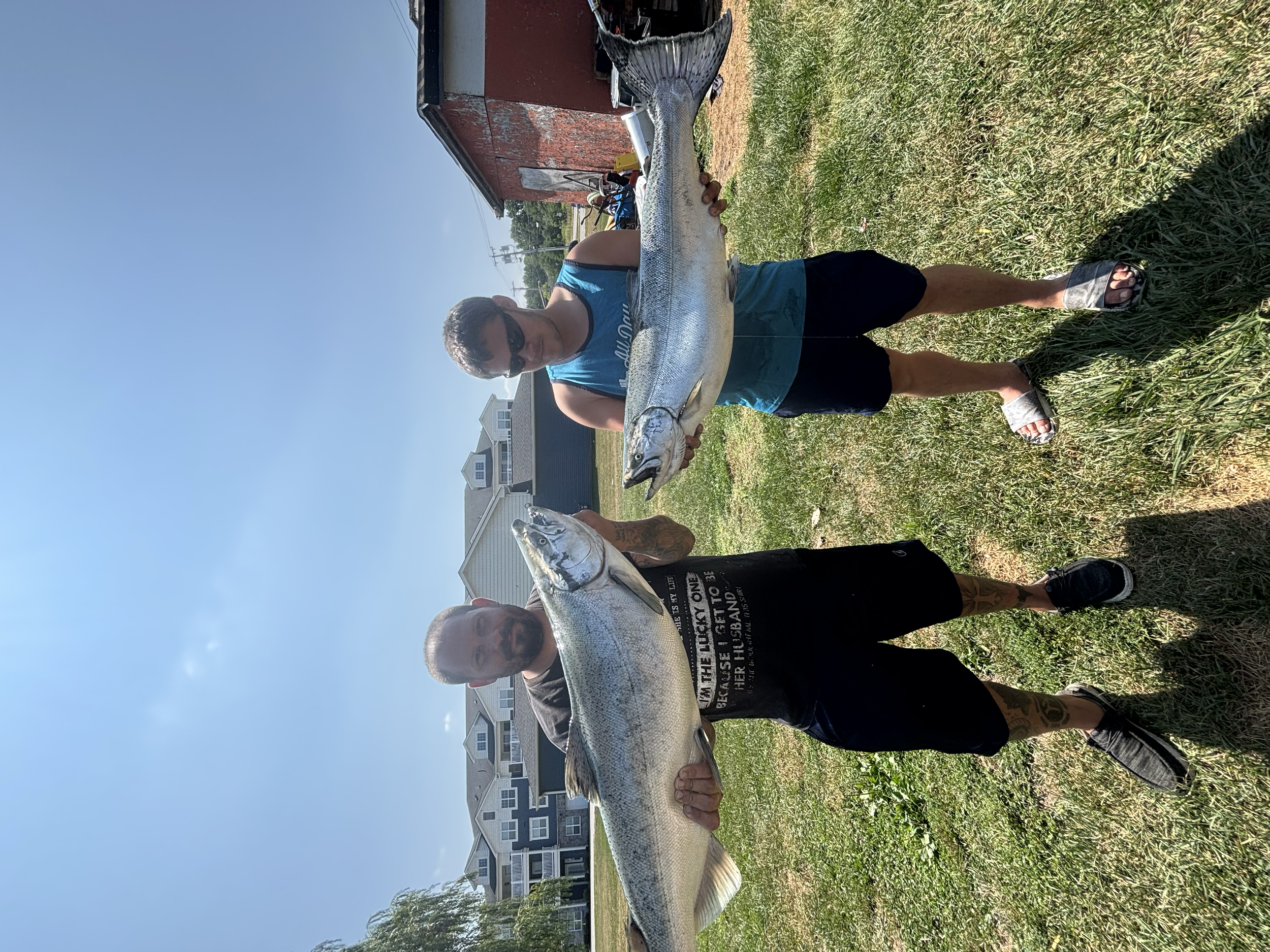 Two men standing on grass each holding large fish, with houses and blue sky in the background.