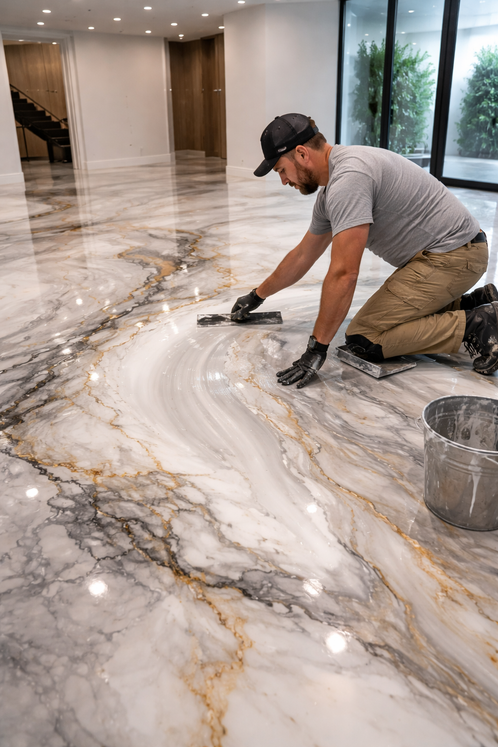 Professional contractor applying marble-effect metallic epoxy flooring coating with tools in Atlanta residential space.