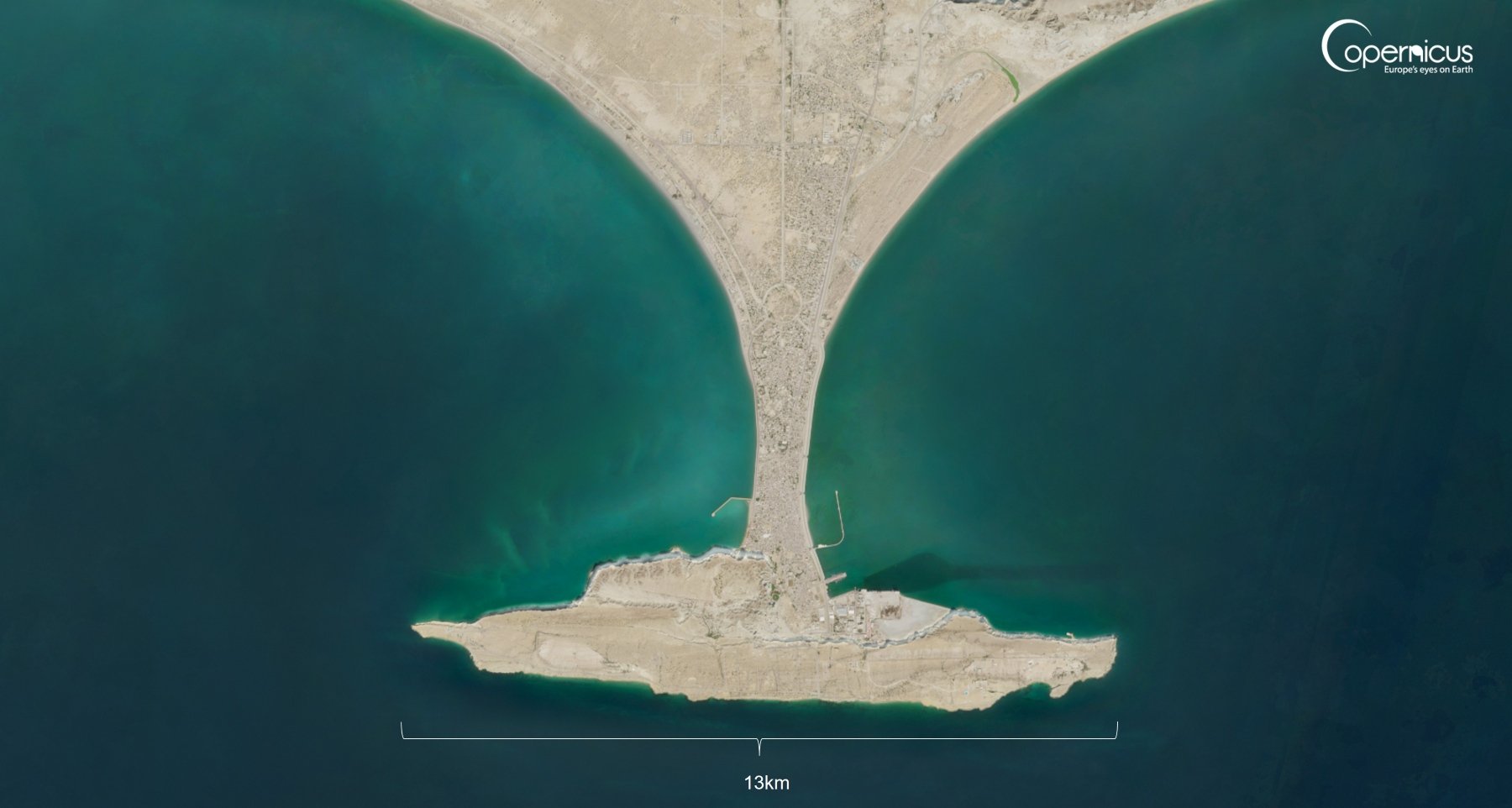 Tombolo in Gwadar, Pakistan created by wave refraction