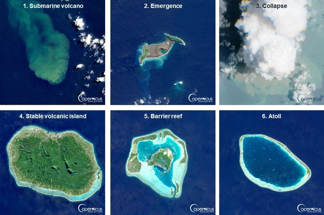 The evolution of atolls seen from space