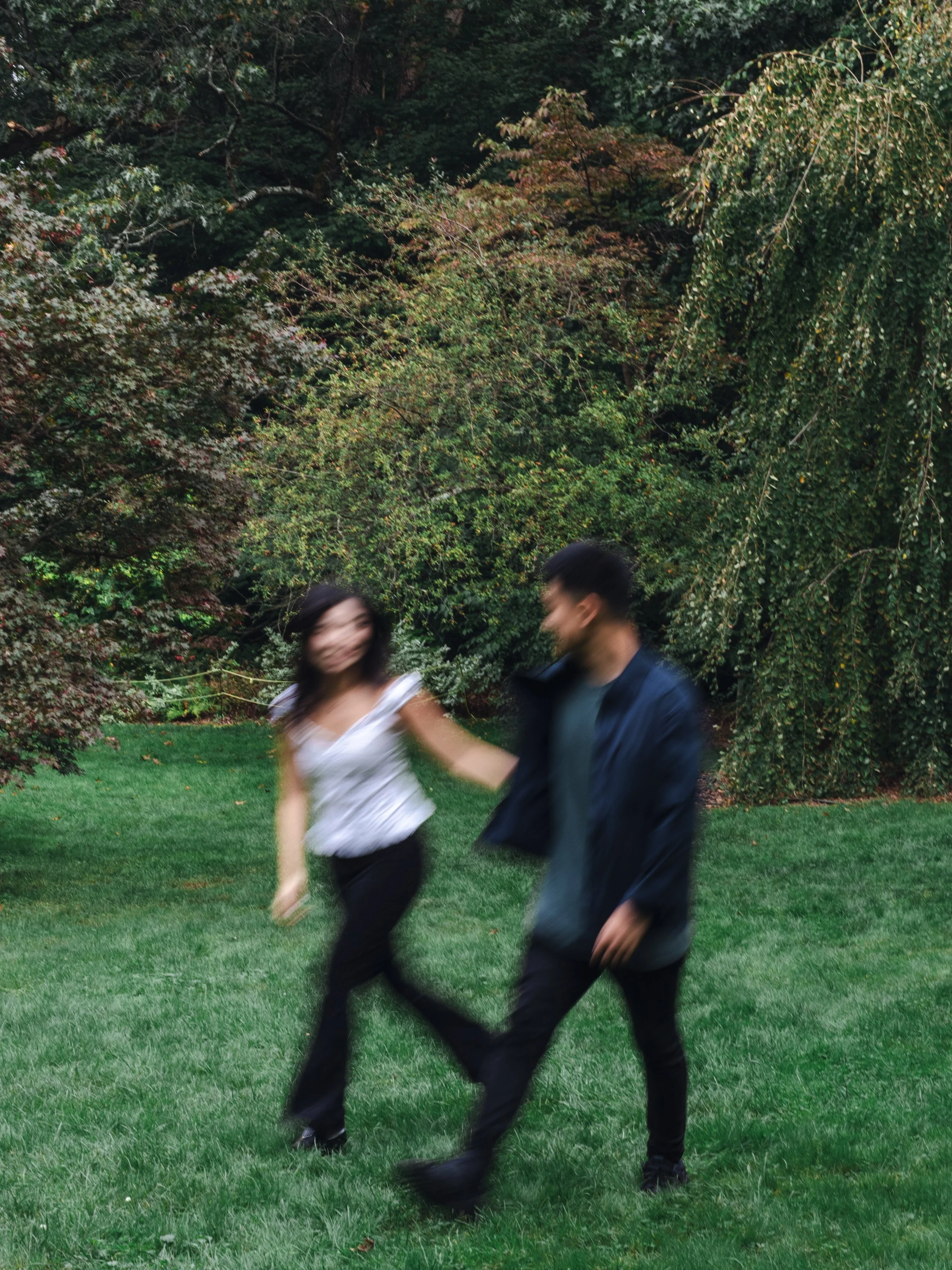 Two people dancing together outdoors on a grassy lawn with dense green trees in the background, their faces blurred.
