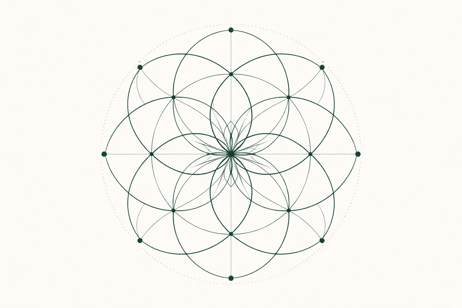 A geometric pattern composed of interconnected circles and lines forming a symmetrical flower-like design