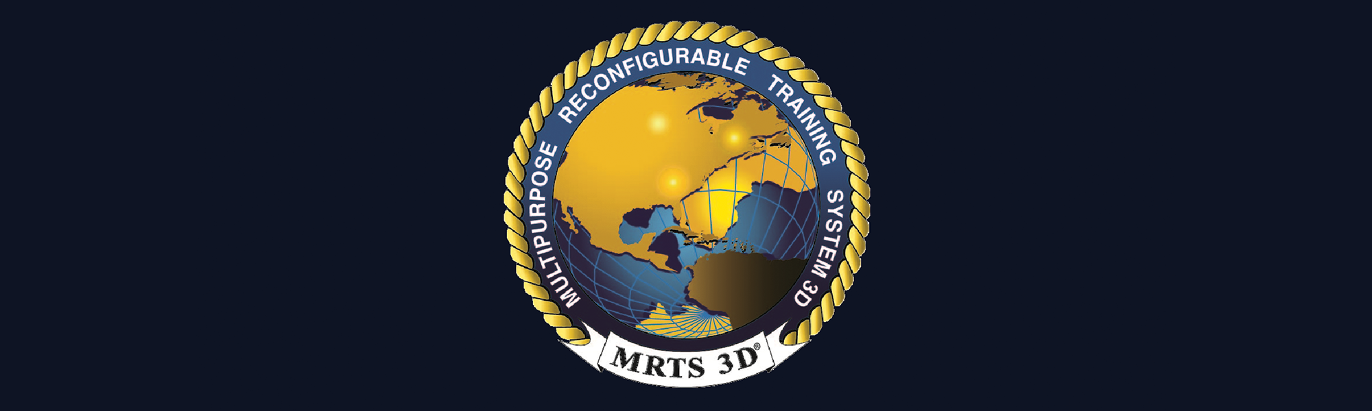 Logo of MRTS 3D with a globe, continents, and rays of sunlight, wrapped with gold rope, containing the words 'Multifurpose Reconfigurable Training System BD'.